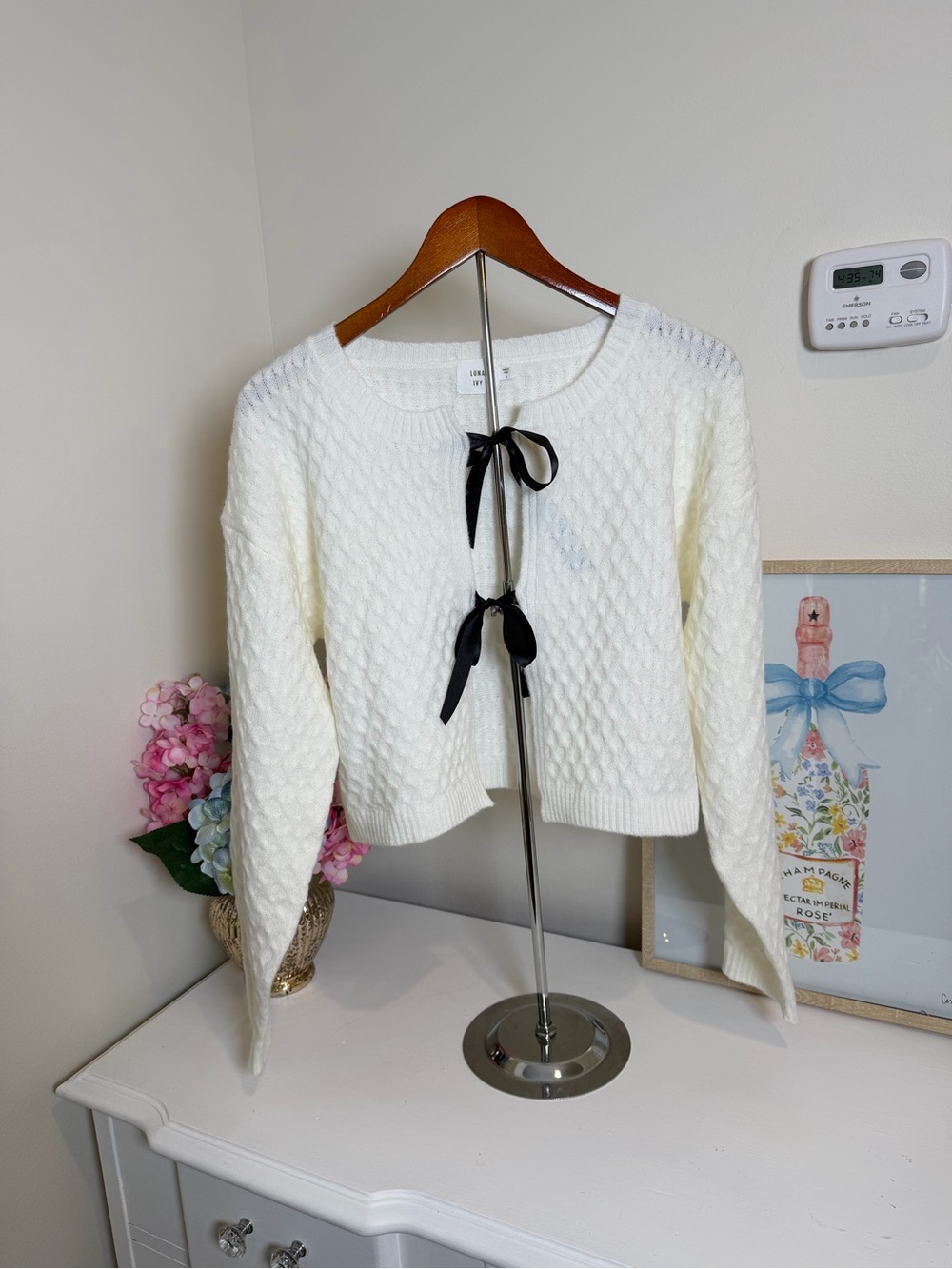 🎀 Luna Ivy Off-White Cable Textured Tie-Front Cardigan - Size L (NWOT)